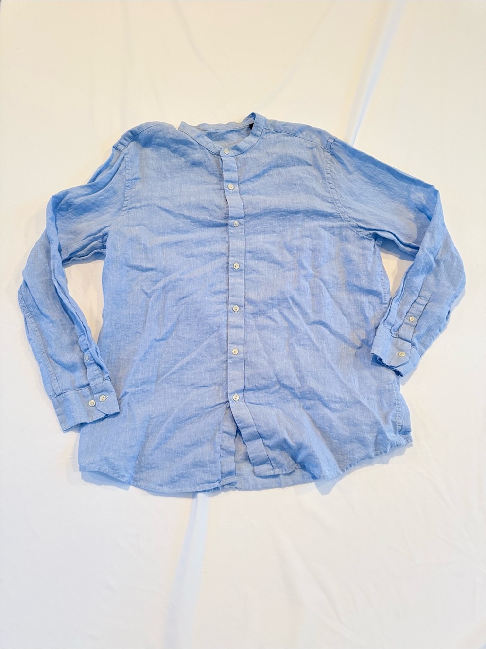 Tasso Elba Mens XL 100% Linen Mandarin Collar Button Down Blue Coastal Resort